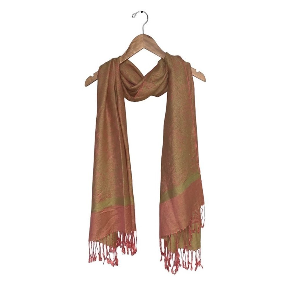 Pashmina Silk Blend Scarf Coral Orange Gold Paisley Fringe Wrap